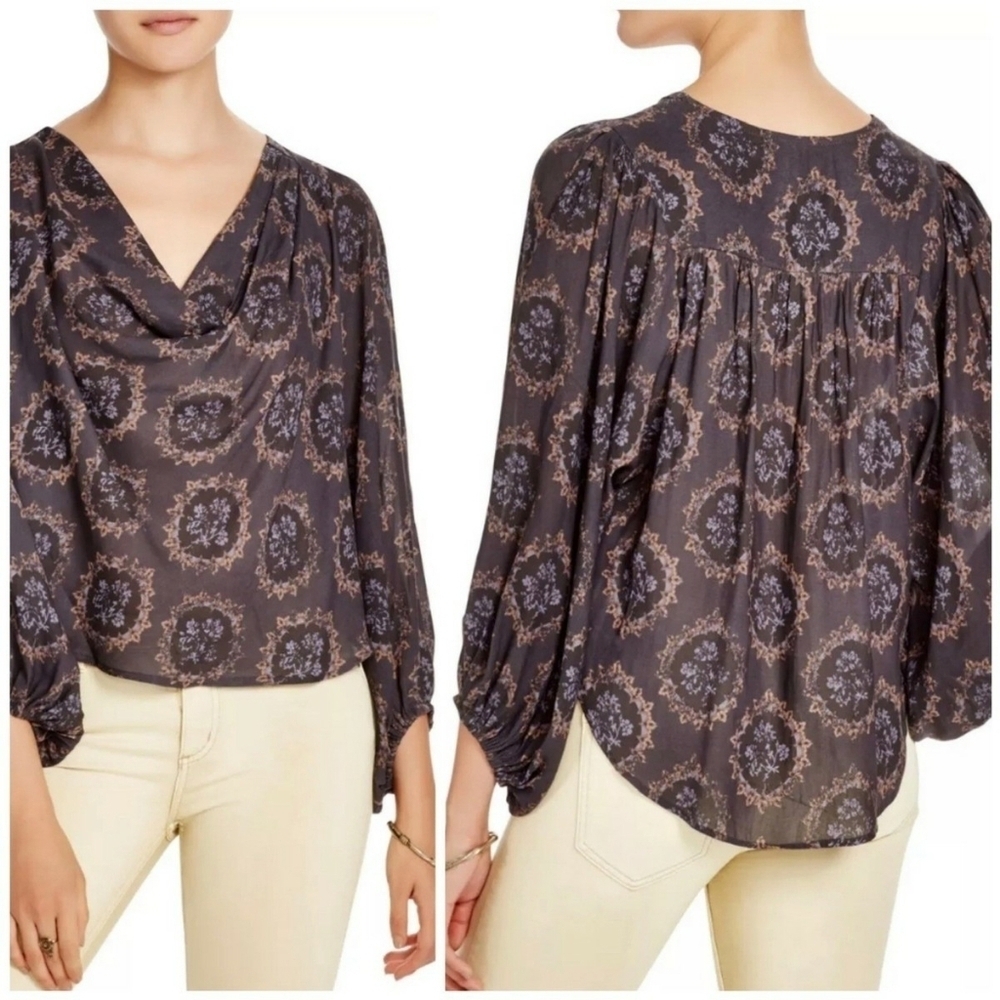 Free People Cowling Around Gray Floral Paisley Long Sleeve Blouse - Picture 2 of 8
